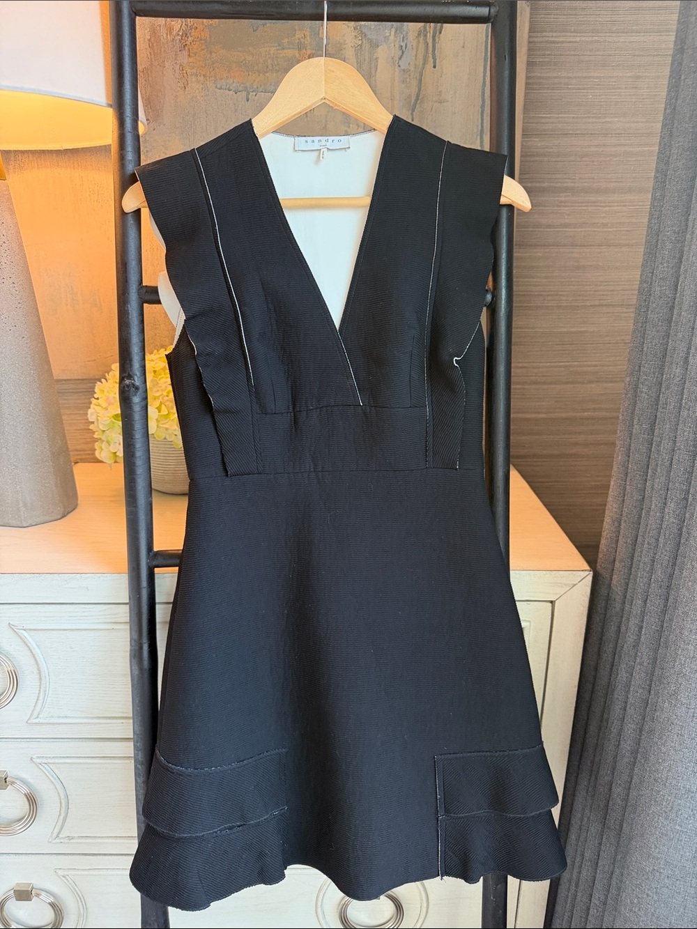 Black V-Neck Mini Dress with Flared Hem by Maje